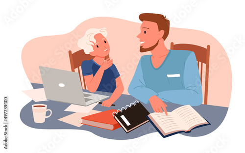 Adult and kid doing school homework together. Cartoon father and son sitting at home table with books, textbooks, notebooks and laptop, parent teaching child flat vector illustration. Lesson concept