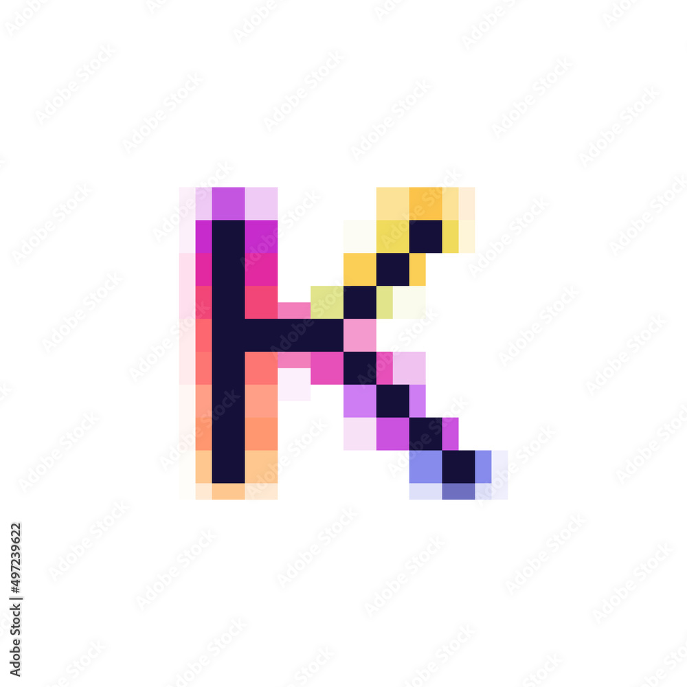 Hologram letter K logo with glitch distorted pixel effect. Color shift design. Hologram letter K logo with glitch distorted pixel effect. Color shift design.