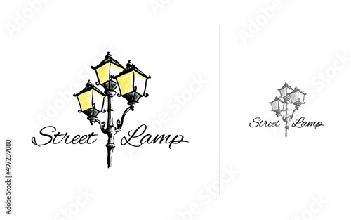 Classic Streetlamp illustration with classic font type logo design template.
