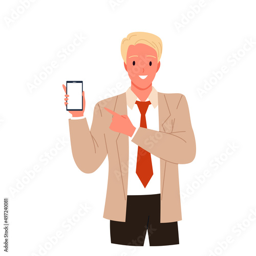 Businessman showing mobile phone with blank screen vector illustration. Cartoon happy man with tie and suit holding device with empty display for presentation isolated on white. Communication concept