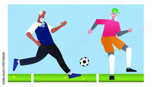 flat characters of amateur mature men playing football or soccer outside, vector illustration