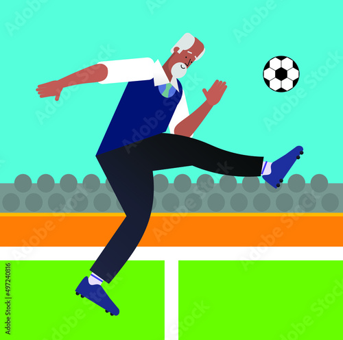 Fototapeta Naklejka Na Ścianę i Meble -  flat characters of amateur elderly man playing football or soccer outside, vector illustration