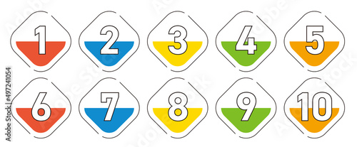 1〜10までの数字アイコンセット　角丸ひし形（ビビッドカラー）