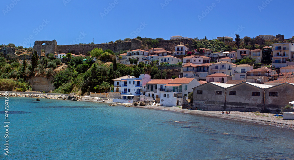 olourful houses under the Castle of Koroni, a coastal town in Messenia, Peloponnese, Greece. 