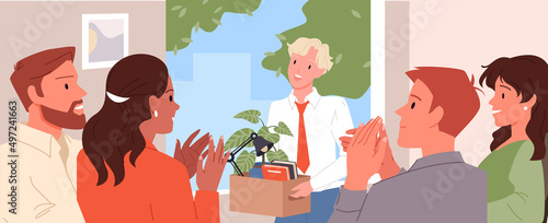 Cheerful team welcome new office employee. Worker onboarding, greeting newcomer, warm people integration, company familiarization, work engagement cartoon vector illustration