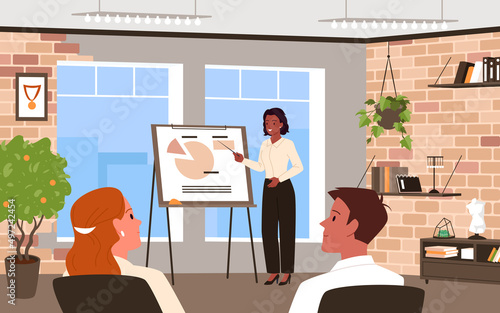 Business people training on board presentation in office boardroom vector illustration. Cartoon teacher talking to audience, woman showing financial data charts background. Conference, job concept