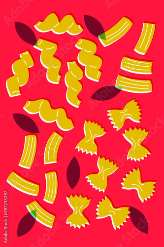 Pasta vector cartoon flat illustration. Icons Italian pasta simple style for your design. Cooking ingredients set. Food vector illustration. Cooking Italian snacks hand drawing. 