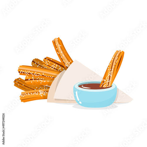Churros icon. Illustration of traditional spanish sweet dessert and chocolate dip isolated on a white background. Vector 10 EPS.
