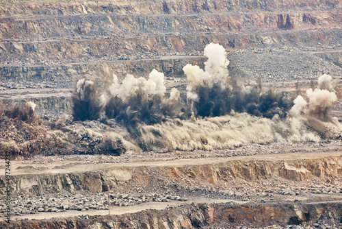 Canvas-taulu Explosion blast in open cast mining quarry mine