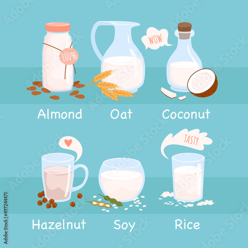 Lactose free healthy milk set vector illustration. Cartoon glass, bottle and jug with different raw nut drinks, almond soybean hazelnut coconut rice oat beverages background. Nutrients, food concept