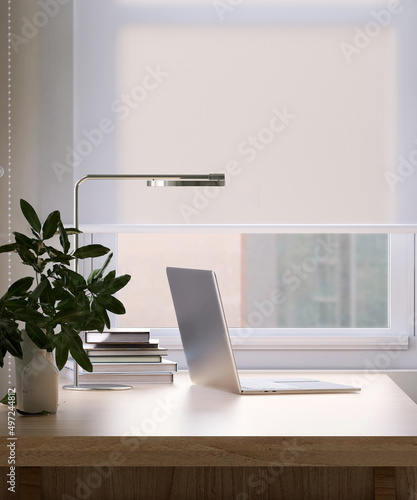 Photography 3D render close up of a modern working space fine teak wood table with computer laptop, books, table lamp and decor leaves plants by the window with sun shade roller blind