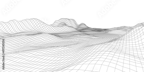 Digital wireframe landscape. Wireframe terrain polygon landscape design. Digital cyberspace in mountains with valleys. Vector illustration. photo