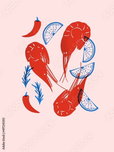 Lobster and shrimp on a rosemary background illustration. Scandinavian style illustration. Wine tasting and seafood set poster. Food useful motivation poster in trendy flat style.