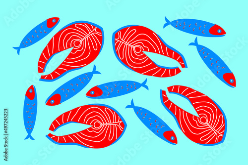 Fish, shrimp, crabs, lobster vector on white background. Set cartoon flat seafood. Illustration for your flyer design. Isolated elements. Drawings for poster, card or background. Red blue color theme
