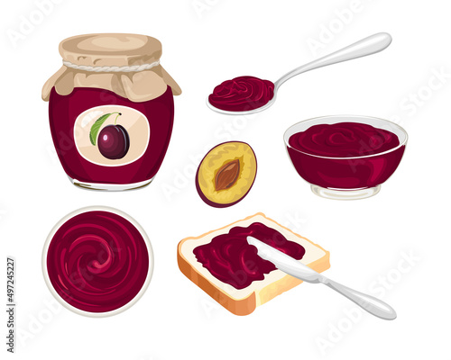 Plum jam set. Vector sandwich with homemade fruit marmalade, knife, glass jar with jelly, spoon and bowl isolated on white background. Sweet food illustration in cartoon flat style.