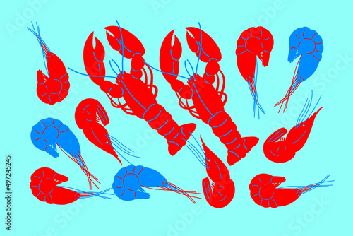 Fish, shrimp, crabs, lobster vector on white background. Set cartoon flat seafood. Illustration for your flyer design. Isolated elements. Drawings for poster, card or background. Red blue color theme