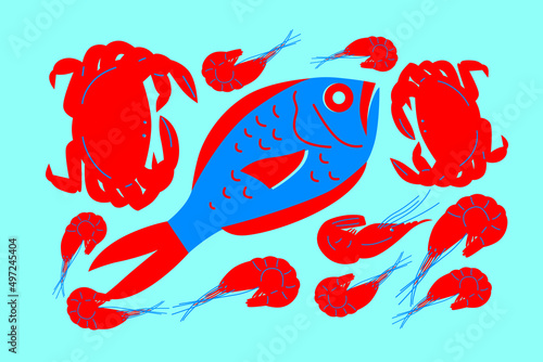 Fish, shrimp, crabs, lobster vector on white background. Set cartoon flat seafood. Illustration for your flyer design. Isolated elements. Drawings for poster, card or background. Red blue color theme