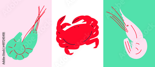 Seafood flat abstract illustration. Crabs, fish and lobster vector. Seafood abstract set icon. Great for flyer, web poster, natural products presentation templates, cover design