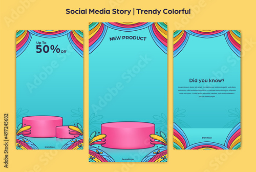 happy colorful instagram story template with doodle frame and podium product display