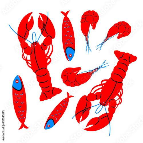 Seafood in flat abstract vector. Shrimps or lobster, crab illustration. Seafood concept on white background. Lobster, crab modern still life. Vector design for fish platters, shrimps or lobster crab.