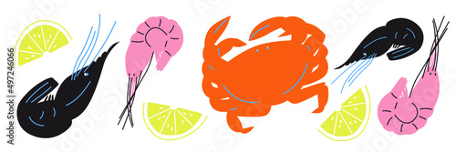  Shrimp, lobster, fish. Seafood vector. Cartoon flat vector seafood ingredients.