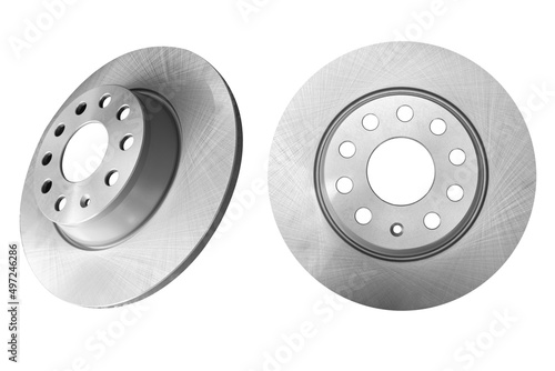 Car brake disc isolated on white background. Auto parts. Brake disc rotor isolated on white. Braking disk. Car part. Spare parts. Quality spare parts for car service or maintenance photo