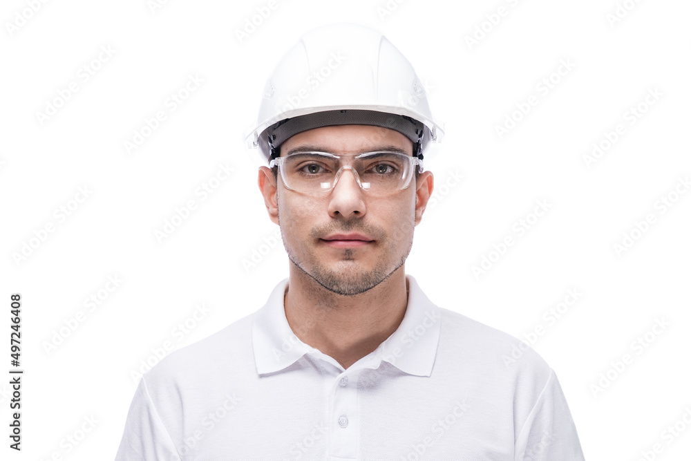 portrait of man architect, builder in white T-shirt, helmet and glasses on white background portrait of man architect, builder in white T-shirt, helmet and glasses on white background