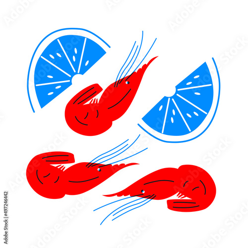 Shrimps and lemon abstract vector illustration. Red blue seafood for menu, cover, packaging.