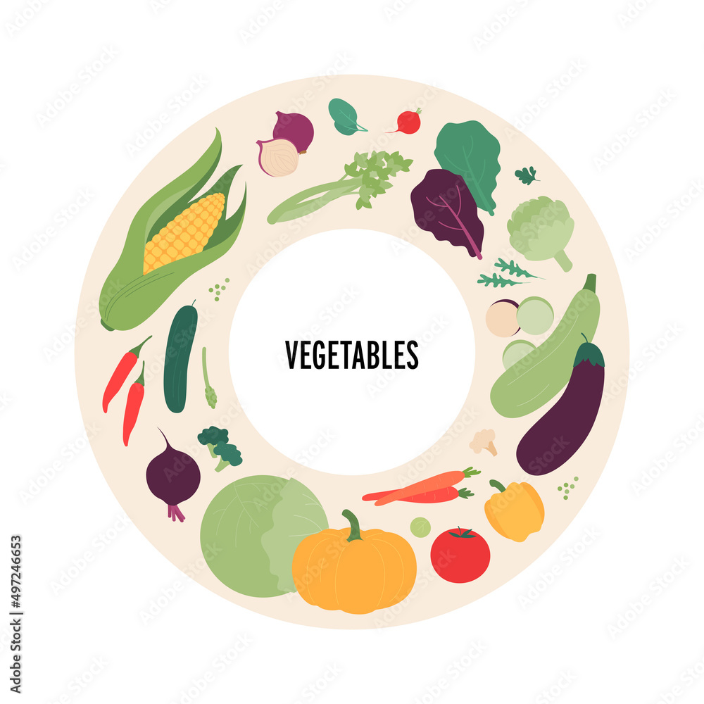 Food illustration. Vector flat design variation of different vegetables symbol in circle frame isolated on white background.