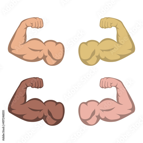 Bent arms of different shades showing biceps, strong muscles.