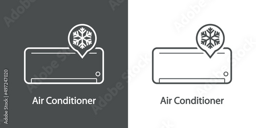 Reparación y servicio de aire acondicionado. Logo con texto Air Conditioner con aparato y copo de nieve en burbuja de habla con líneas en fondo gris y fondo blanco