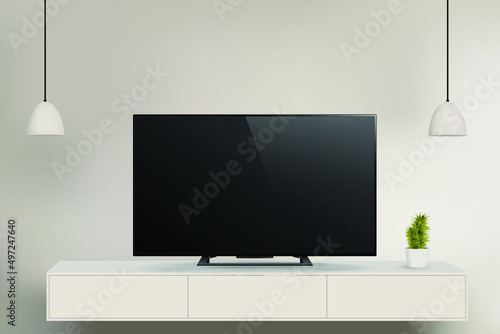 Vector illustration of modern tv set with plant on the cabinet and two lamps on white background