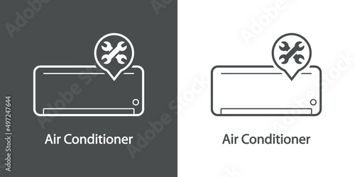 Reparación y servicio de aire acondicionado. Logo con texto Air Conditioner con aparato y 2 llaves en burbuja de habla con líneas en fondo gris y fondo blanco	
