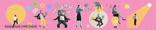 Contemporary art collage made of shots of young men and women, managers working hardly isolated over pink background, Concept of business, finance, career