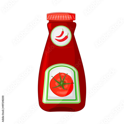 Ketchup bottle isolated on white background. Red tomato sauce and dressing in plastic package. Smooth tomato condiment container with tomato and chilli fruit. Relish tare with vegetable label. Vector