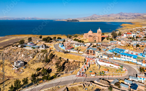 View of Pomata town above Lake Titicaca near Puno in Peru photo