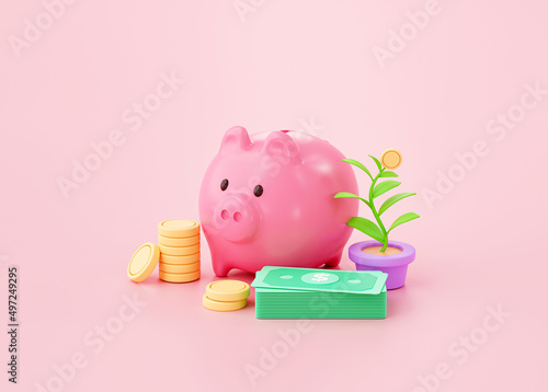 Piggy bank with coin Savings interest concept on Pink background 3d rendering