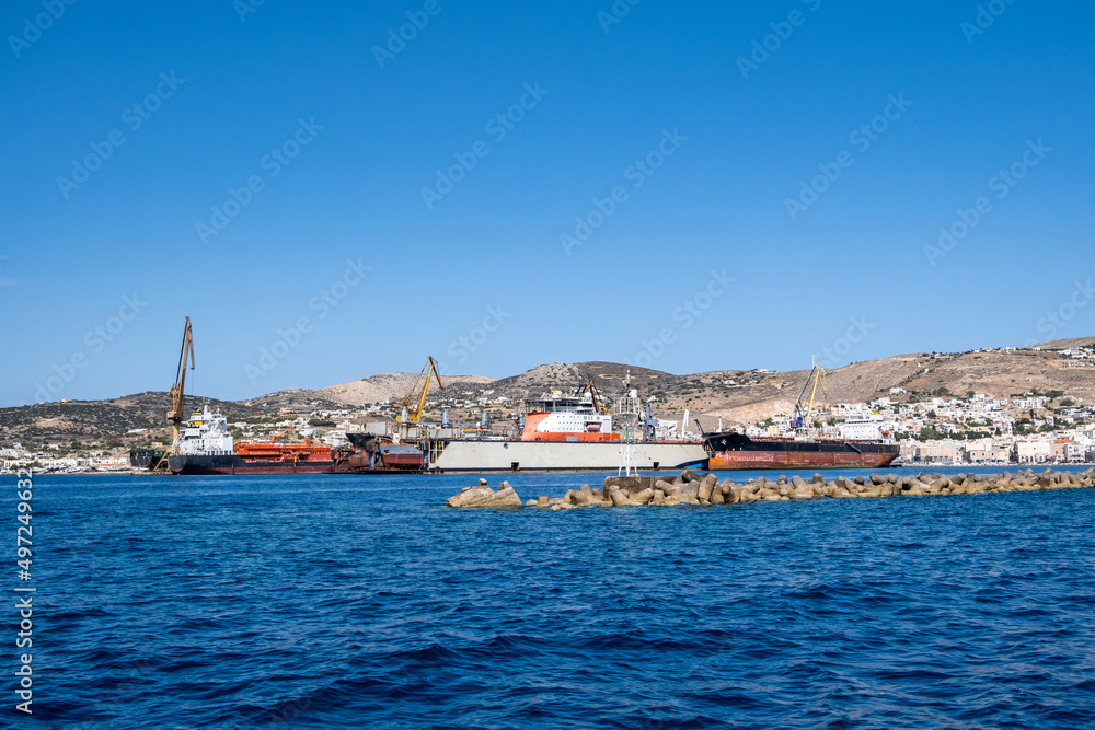 Neorion shipyard Ermoupolis Syros island, Cyclades, Greece. Ship, crane, container, cargo