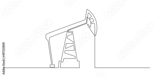 One continuous line drawing of oil pumpjack. Pump station petroleum production and trade industry in simple linear style. Non-renewable energy concept. Editable stroke. Doodle vector illustration