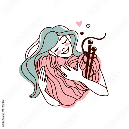 Girl hugging a skein of yarn. Tools for knitting. Knitting hobby. Linear logo. Vector illustration.