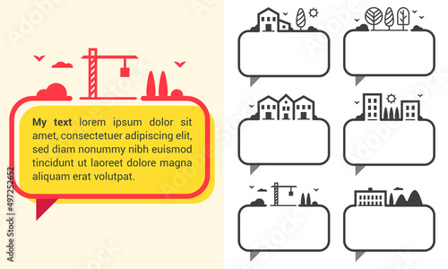 Bulle d'information secteur activité BTP construction urbanisme bâtiment maison logement chantier espace vert, vecteur pour mise en page graphisme, ajout de texte, illustration trait ligne simple
