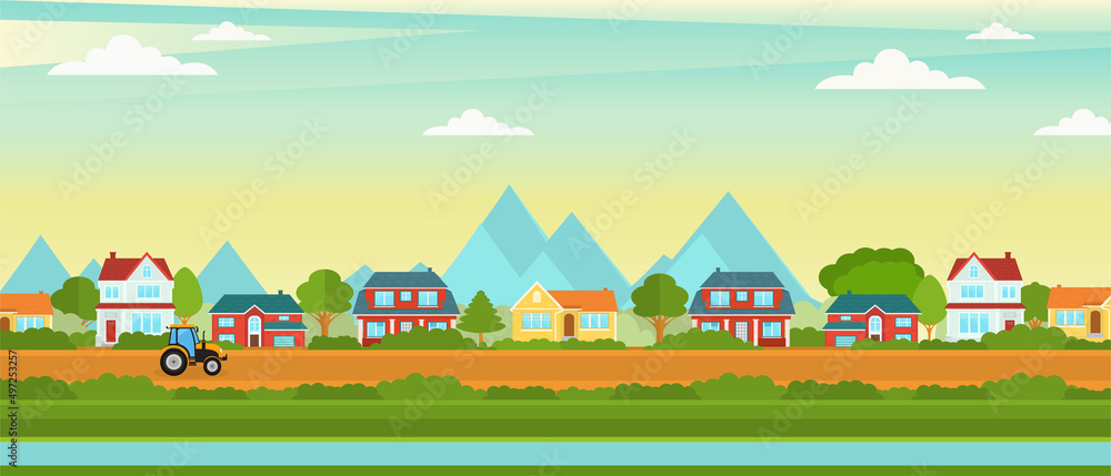 Vector poster with a view of suburban houses with trees and mountains.