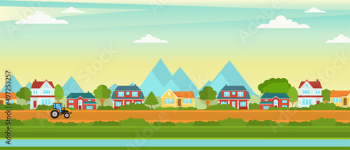 Fototapeta Naklejka Na Ścianę i Meble -  Vector poster with a view of suburban houses with trees and mountains.