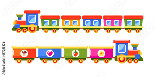 Toy trains set. Locomotives with freight and passenger wagons. Vector colorful illustrations isolated on white background