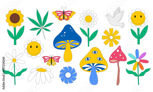 Set with retro flowers, psychedelic mushrooms with eyes, butterflies. Daisies, hemp leaf, flower with smiley face, pigeon. Color vector illustrations isolated on a white background.