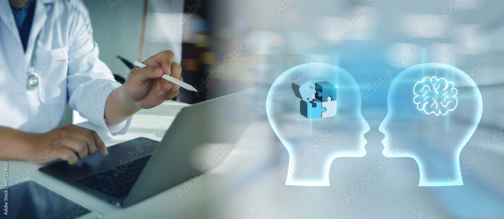 Doctor working mental health day brain jigsaw puzzle pieces of a head Concept with mental health protection and care Doctor working mental health day brain jigsaw puzzle pieces of a head Concept with mental health protection and care
