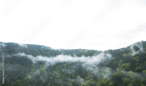 Clouds, sunshine and green trees form a hazy mountain landscape.