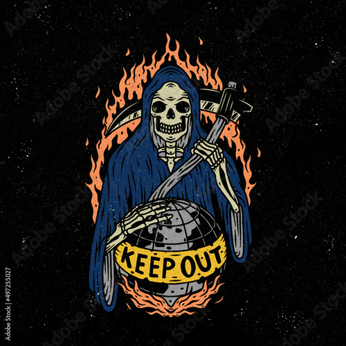 Grim reaper with burning world illustration.