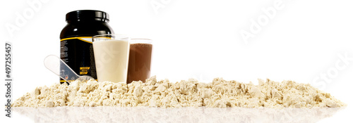 Protein Powder Banner with Chocolate and Vanilla Shakes isolated on white Background.