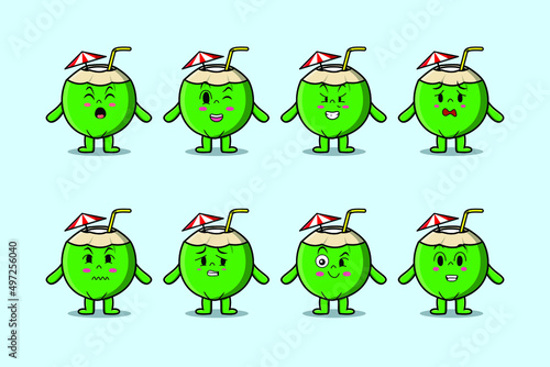Set kawaii Young coconut cartoon character with different expressions of cartoon face vector illustrations
